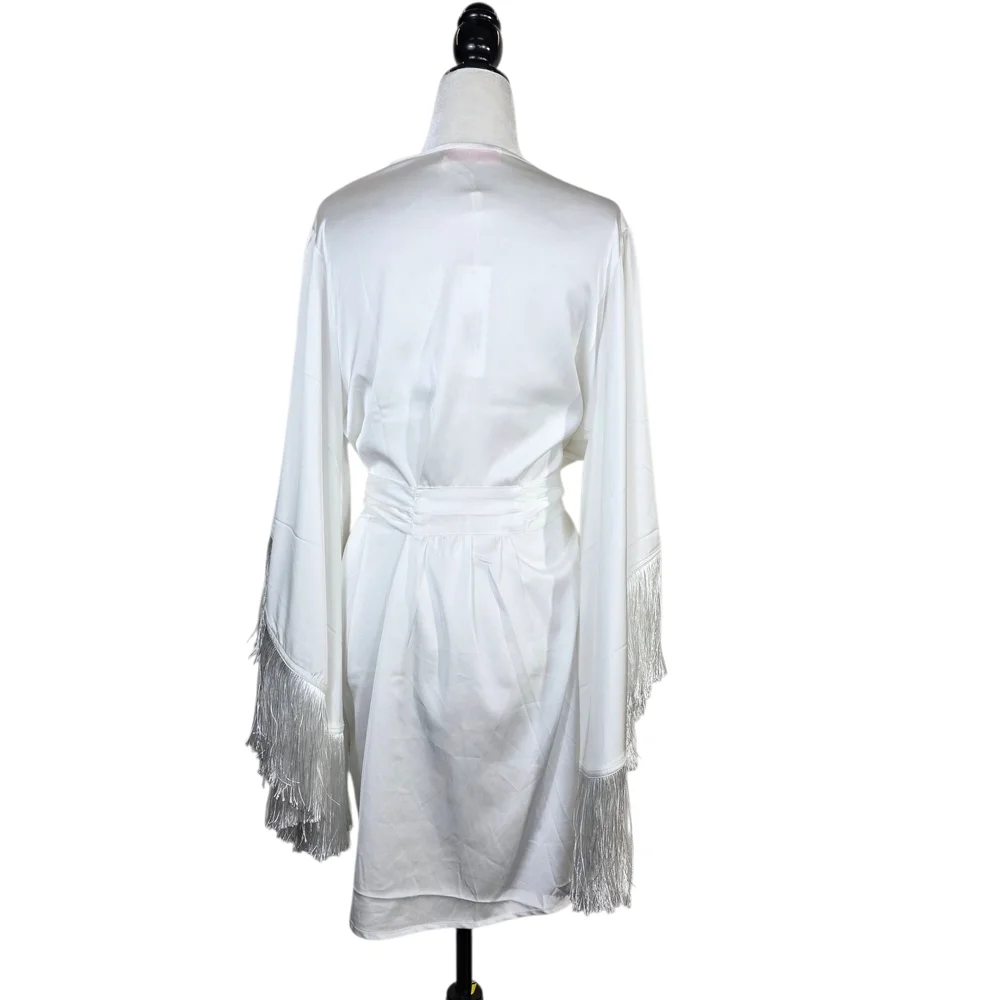 Homebodii Pricilla fringe Luxury White Satin Robe - Picture 4 of 16